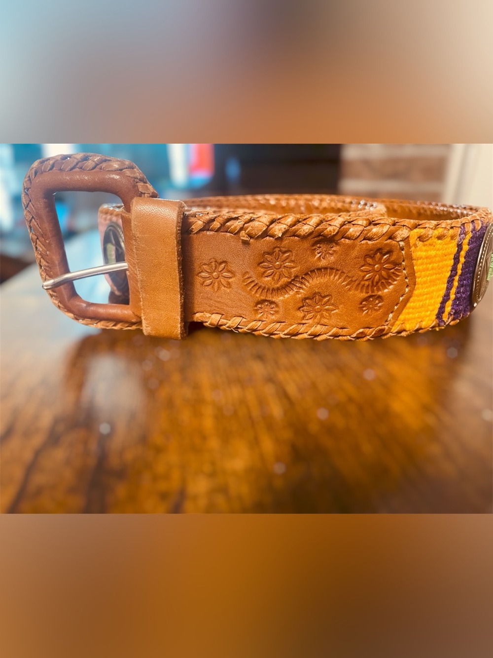 Brown Leather Braided Belt-Style Women’s Bag Strap with Floral Tooling M